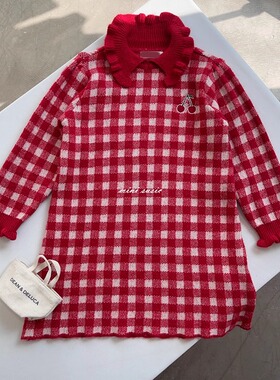 断码特价（原108）110韩系女童红白格刺绣樱桃翻领中长款套头毛衣