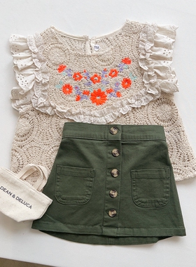 1-5澳女童军绿色装饰单排扣半松紧腰单层半身裙腰裙