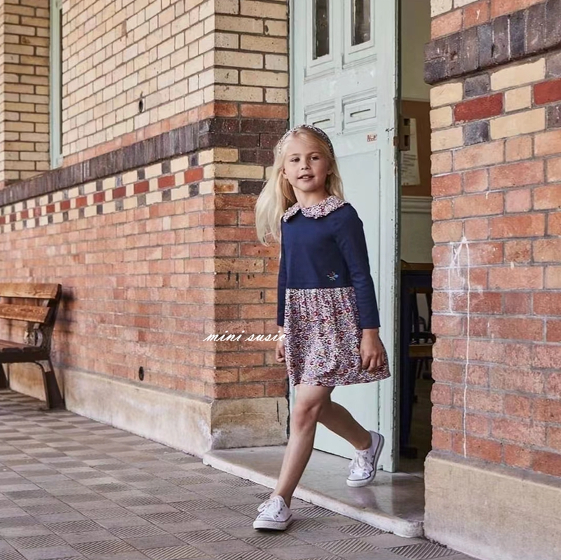 2-11法系女童碎花拼接裙摆小翻领长袖连衣裙