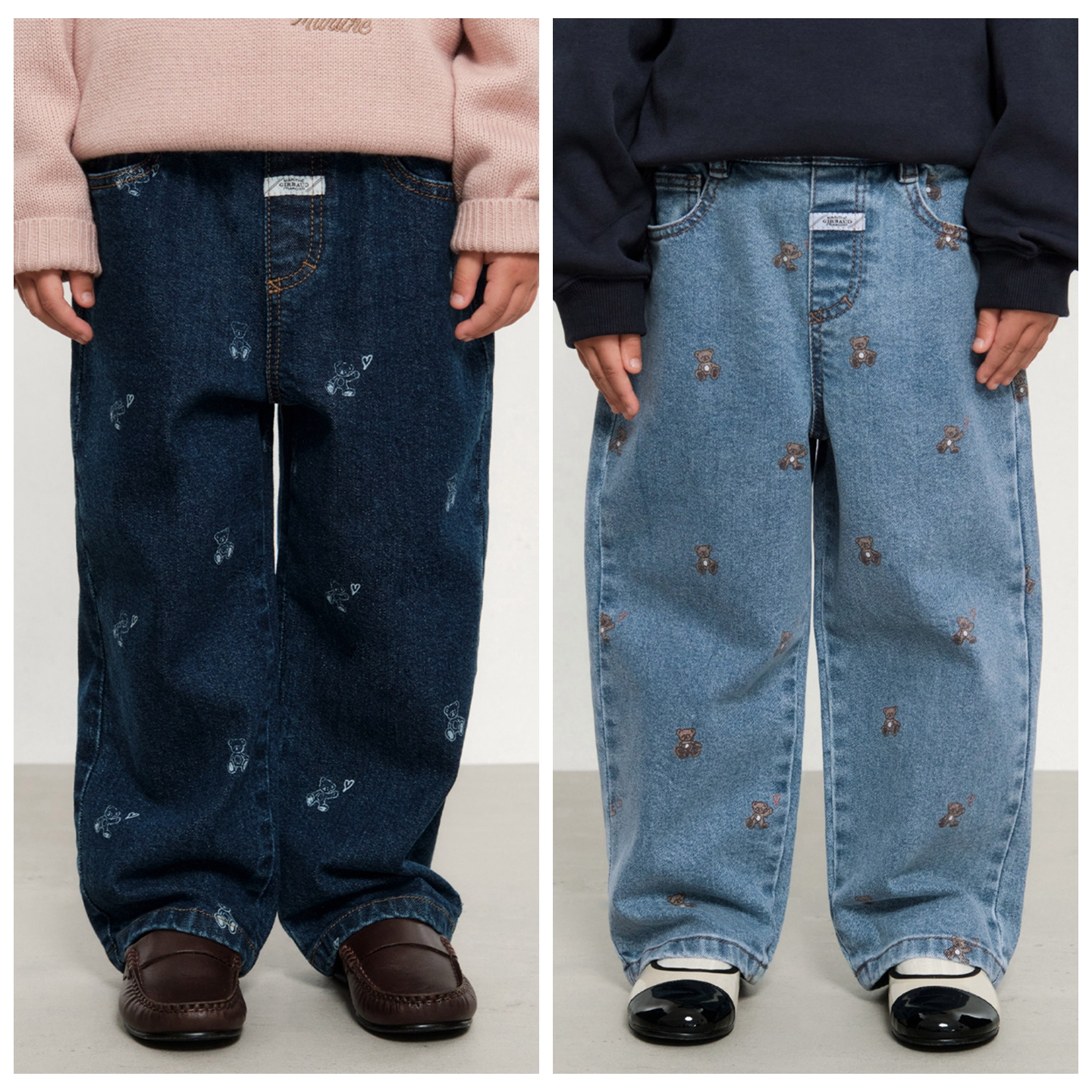 110-150韩系潮童男女童两色印花小熊松紧腰牛仔裤