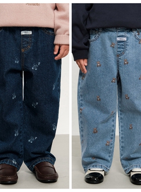 110-150韩系潮童男女童两色印花小熊松紧腰牛仔裤