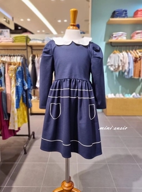 110-155韩国高端童装女童藏青白色翻领长袖连衣裙