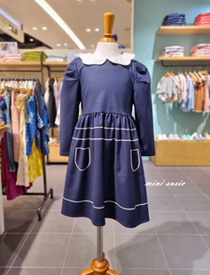 110-155韩国高端童装女童藏青白色翻领长袖连衣裙