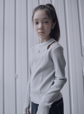 135-155韩系潮童BJ女童中大童灰色弹力坑条漏肩长袖T恤打底衫