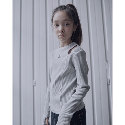 135-155韩系潮童BJ女童中大童灰色弹力坑条漏肩长袖T恤打底衫