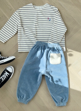 100-145韩系潮童RJ男女童薄毛圈浅条纹字母圆领宽松套头长袖T恤