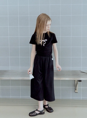 100-145韩系潮童RJ女童粉蝴蝶结修身短款套头短袖T恤