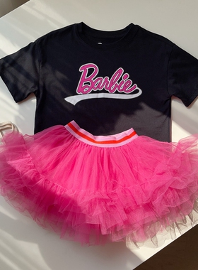 5-14女童黑色玫粉字母套头短袖T恤