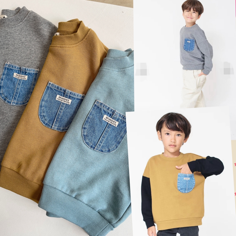 纯棉毛圈牛仔贴布口袋套头卫衣