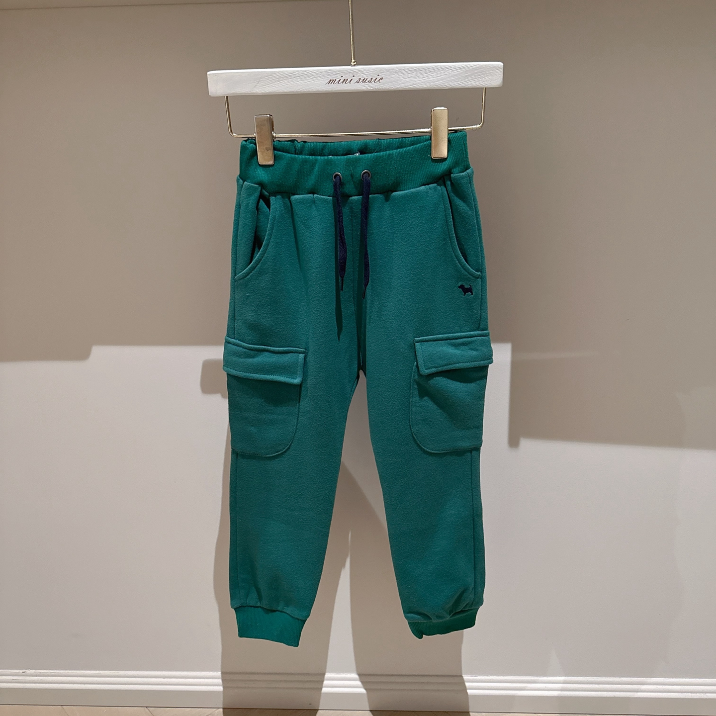 特价包邮自留100-150韩国系男女童浅墨绿抓绒工装裤运动裤