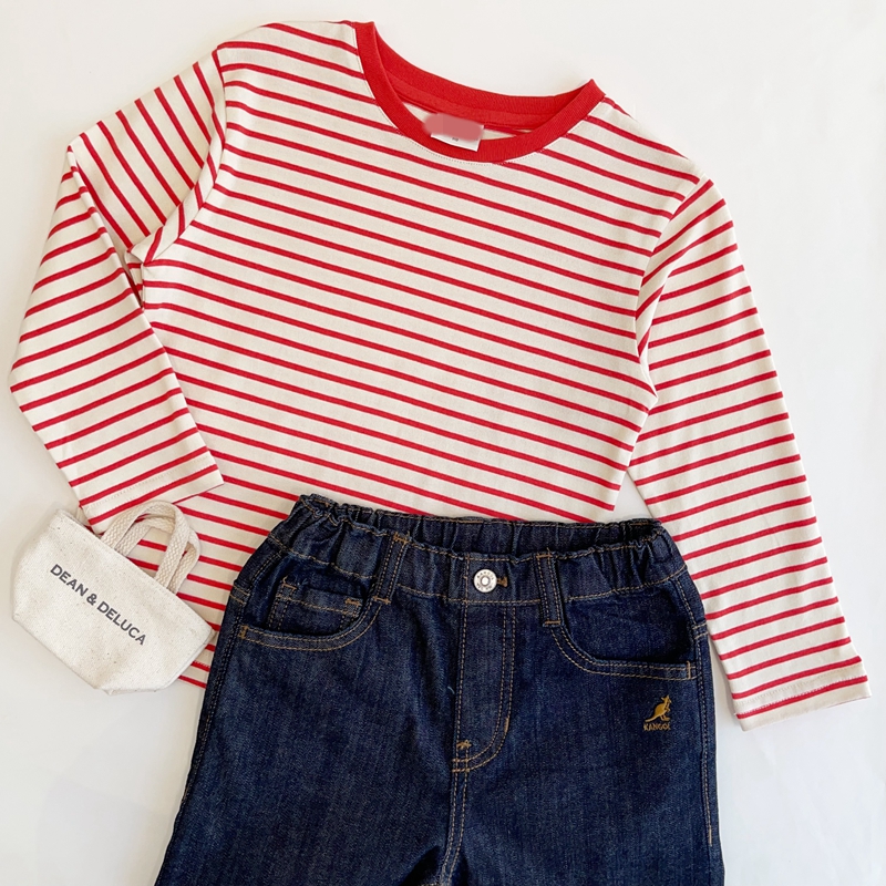 110-140韩系男女童红白条纹薄款长袖T恤