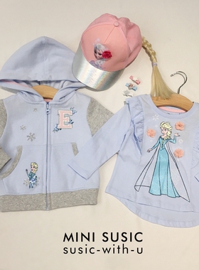 公主系列minisusic女童蓝长袖T恤外套粉色假辫子帽+发夹（分开拍