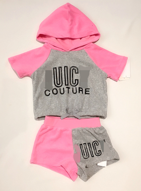 1-10岁女童毛巾料灰色荧光粉拼接字母短袖连帽卫衣