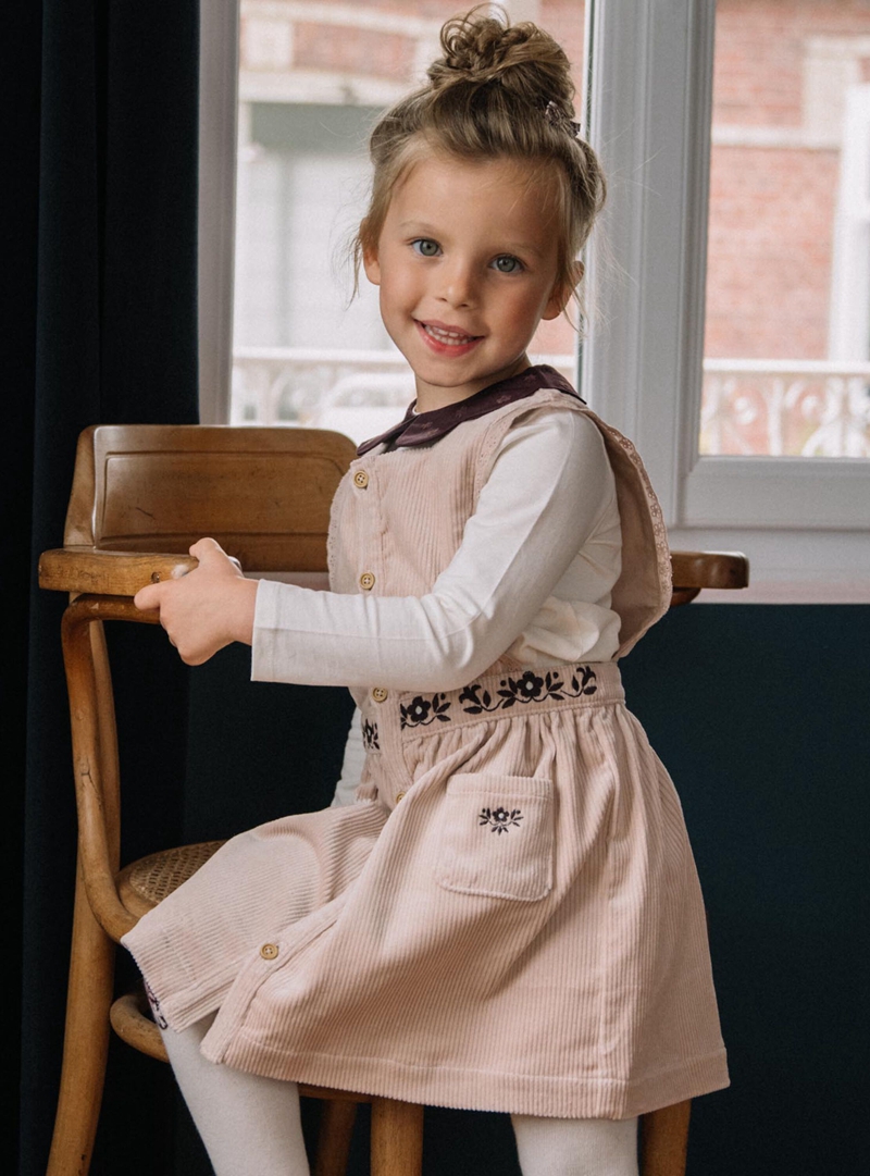 女童裸粉色刺绣花朵灯芯绒背心裙