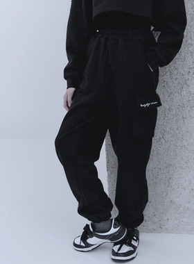 135-155韩系潮童BJ女童毛圈棉黑色双侧口袋束脚口工装长裤