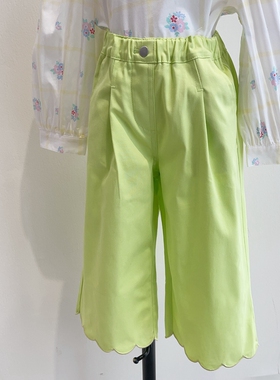 110-155韩系高端女童亮绿色波浪裤边松紧腰直筒裤