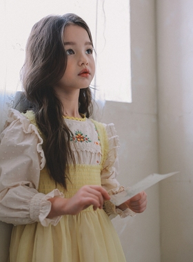 110-145韩系高端女童十字绣花朵拼蕾丝长袖连衣裙+网纱罩裙
