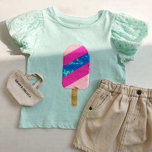 4-10女童湖绿色可翻动亮片雪糕套头泡泡袖短袖T恤