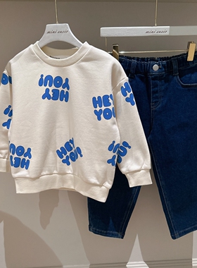 包邮100-145韩系潮童RJ蓝色字母毛圈套头卫衣