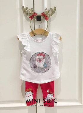 9个月-6岁minisusic女童飞飞袖变色亮片圣诞短袖T恤