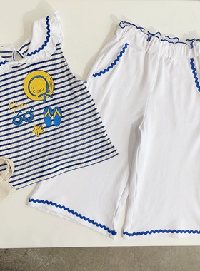 110-150韩系女童蓝白条纹翻领印花无袖T+白色蓝边阔腿裤套装