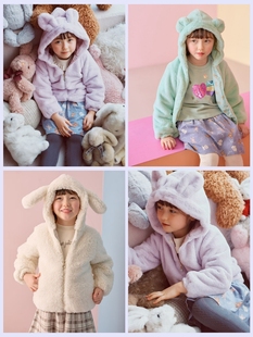 110-160日系女童AF三色毛绒绒卡通连帽仿皮草外套