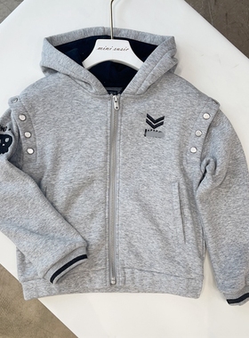 6-12法系高端男女童灰色铆钉肩连帽加绒外套卫衣
