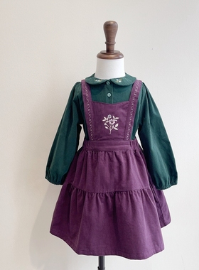 100-160韩系女童墨绿色刺绣小翻领单层薄条绒长袖上衣