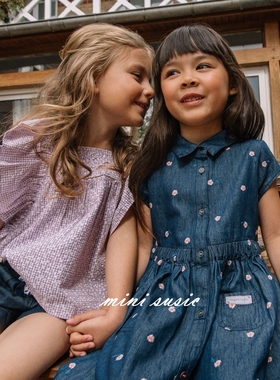 2-11法系女童紫色小格子满印花朵大飞肩梭织棉上衣