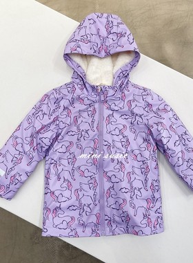 英伦MS2-7女童紫色满印独角兽内里毛毛连帽防水挡风柔软pu外套