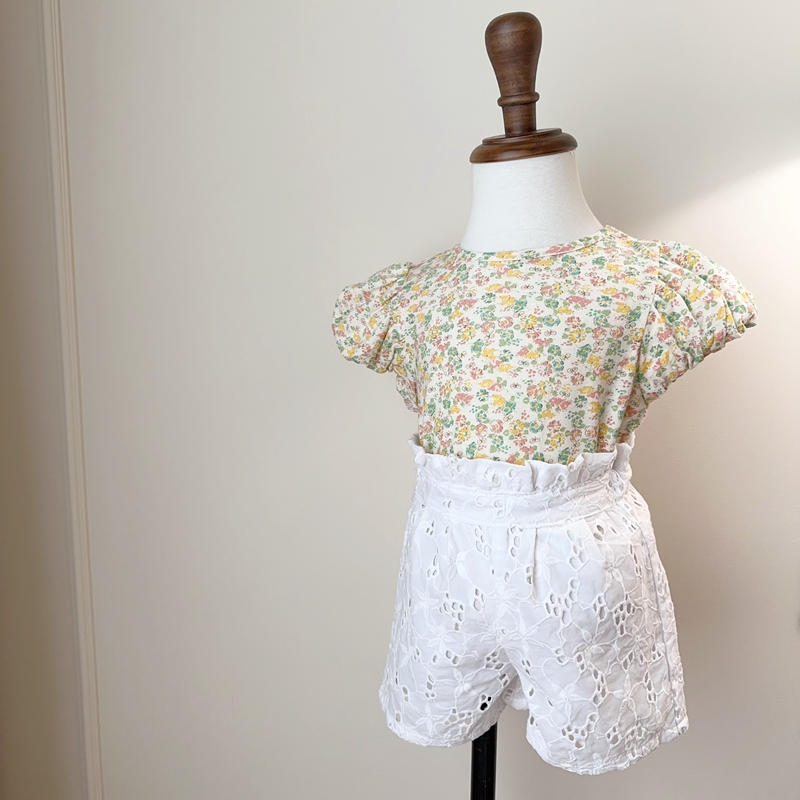 特价100-130日系女童满印小黄花薄软纯棉泡泡袖上衣短袖T恤