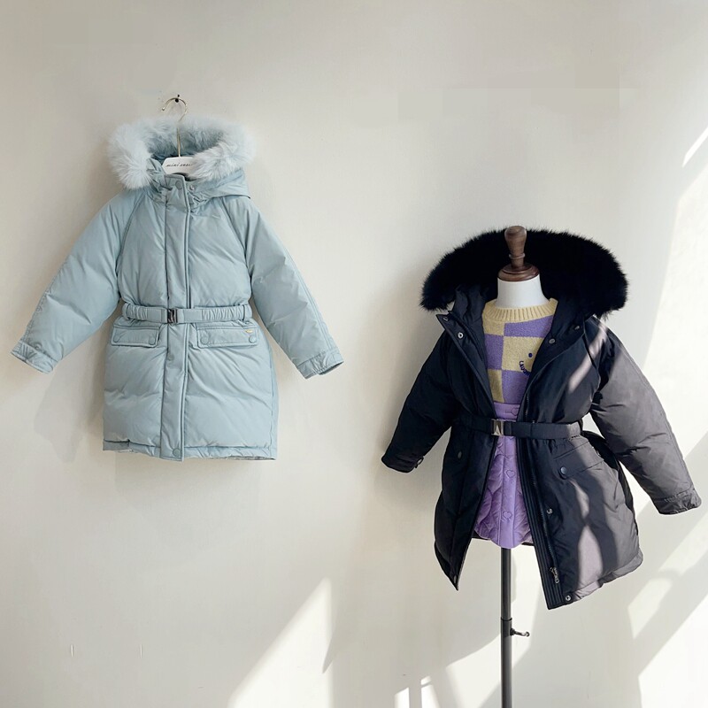 自留110-165韩系女童80鹅绒可拆卸毛领腰带连帽厚实羽绒服外套