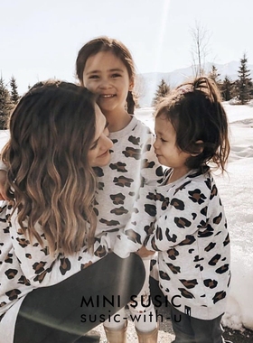 3个月-10岁男女童灰色豹纹纯棉薄毛圈姐弟 兄妹装卫衣