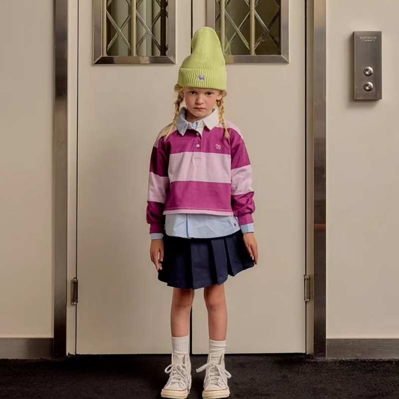 110-155韩系女童宽条纹白色翻领短款长袖T恤