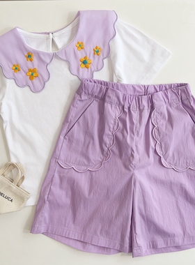 110-155韩系高端女童淡紫色波浪边口袋薄软速干透气面料短裤