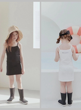自留100-145韩系潮童RJ女童两色中长款吊带裙+黑色防晒外套空调衫