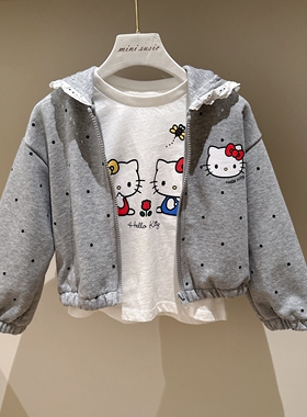 100-150韩系女童满印点点KT卡通猫咪蕾丝边连帽短款卫衣外套