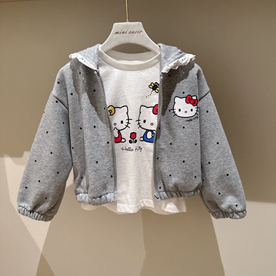100-150韩系女童满印点点KT卡通猫咪蕾丝边连帽短款卫衣外套