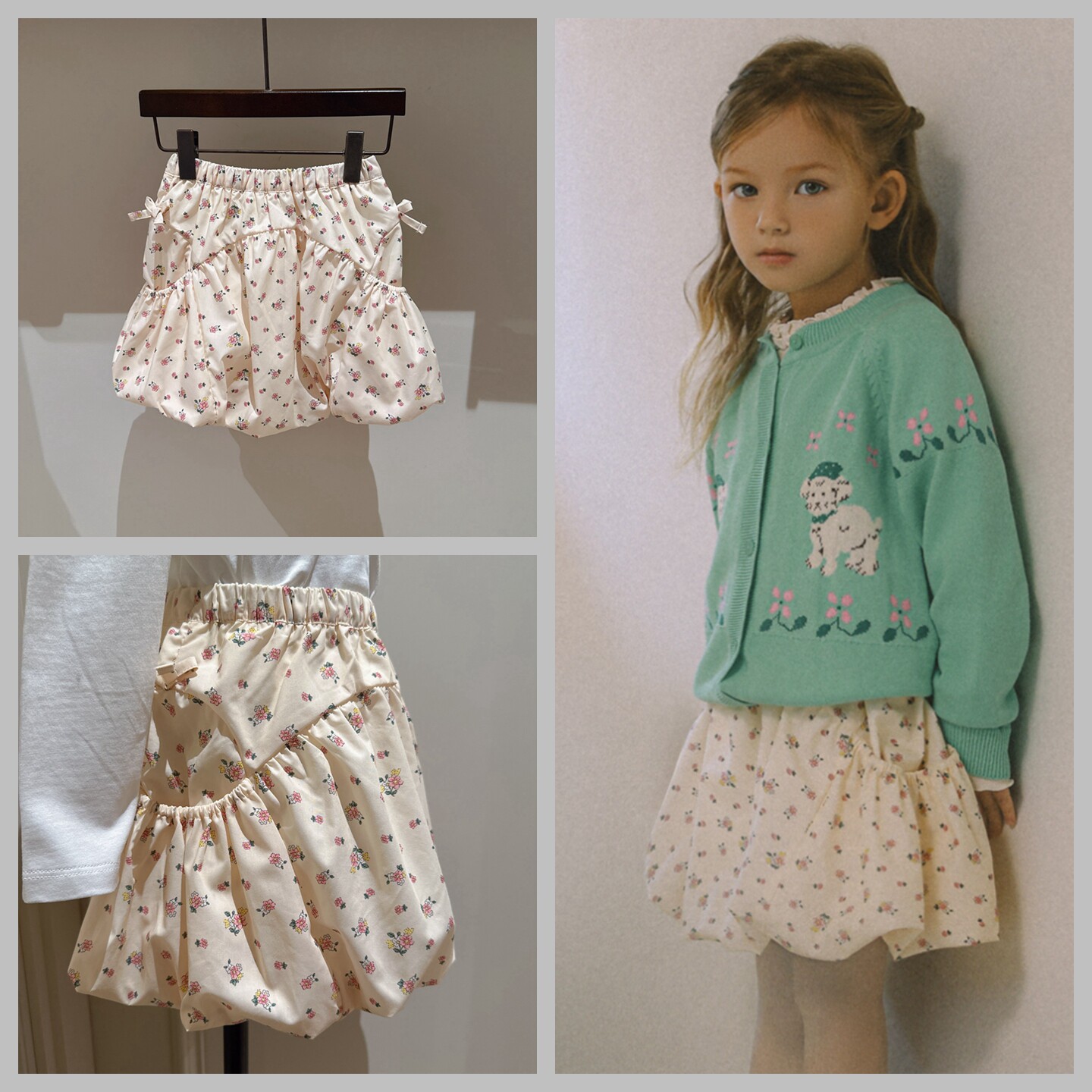 110-155韩系高端女童满印花朵双侧蝴蝶结口袋防走光花苞半裙