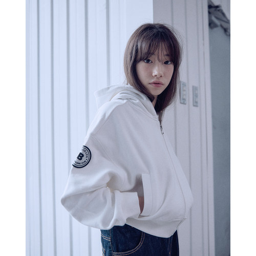 135-155韩系潮童BJ白色字母贴布连帽毛圈拉链短外套