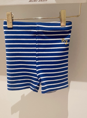 100-145韩系潮童RJ女童蓝白弹力条纹刺绣字母打底短裤