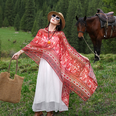cocoa小苏红色花卉新疆草原沙漠旅游民族风围巾披肩外搭防晒丝巾