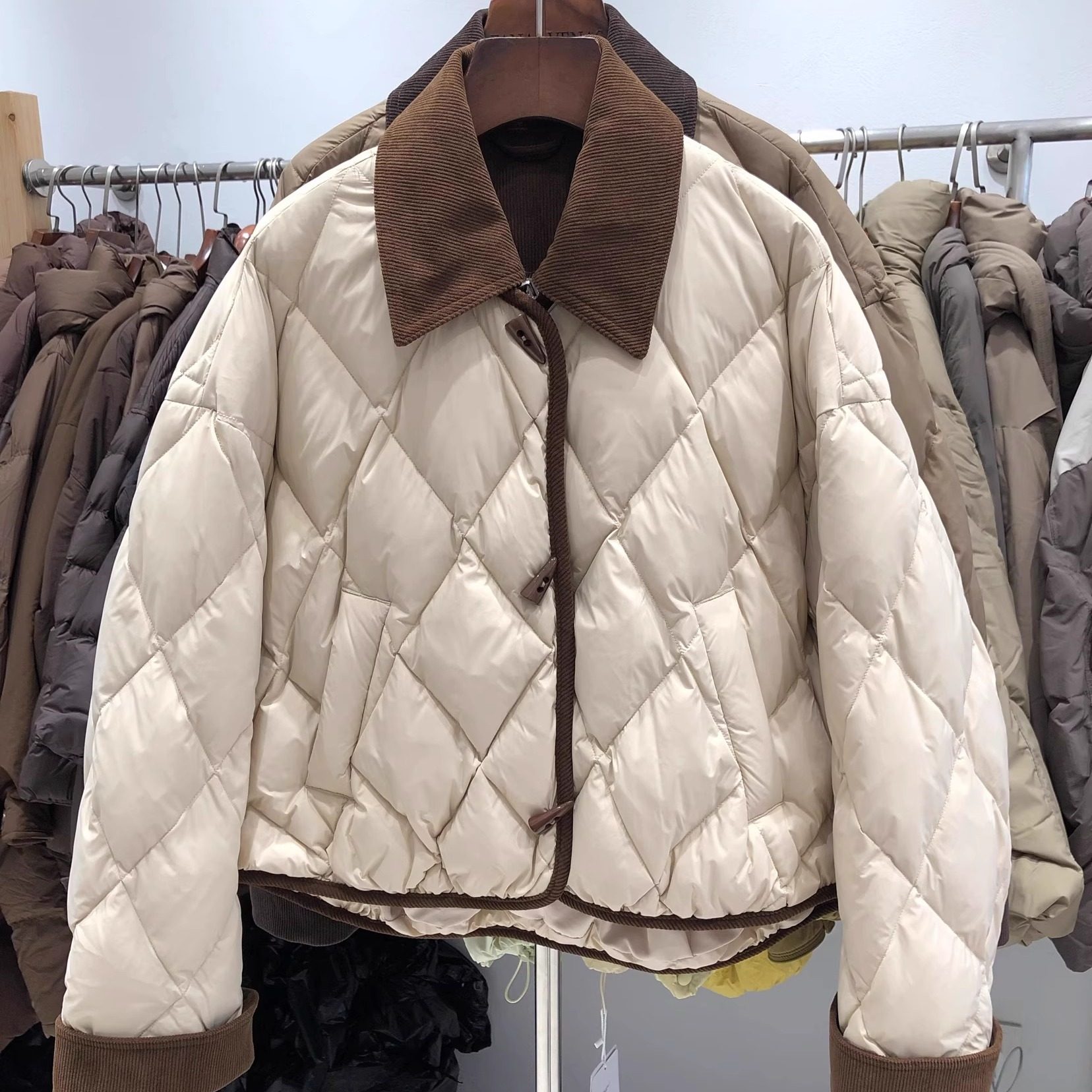 复古文艺拼接棉服2024冬季新款韩版宽松菱形格小香风短款外套潮款