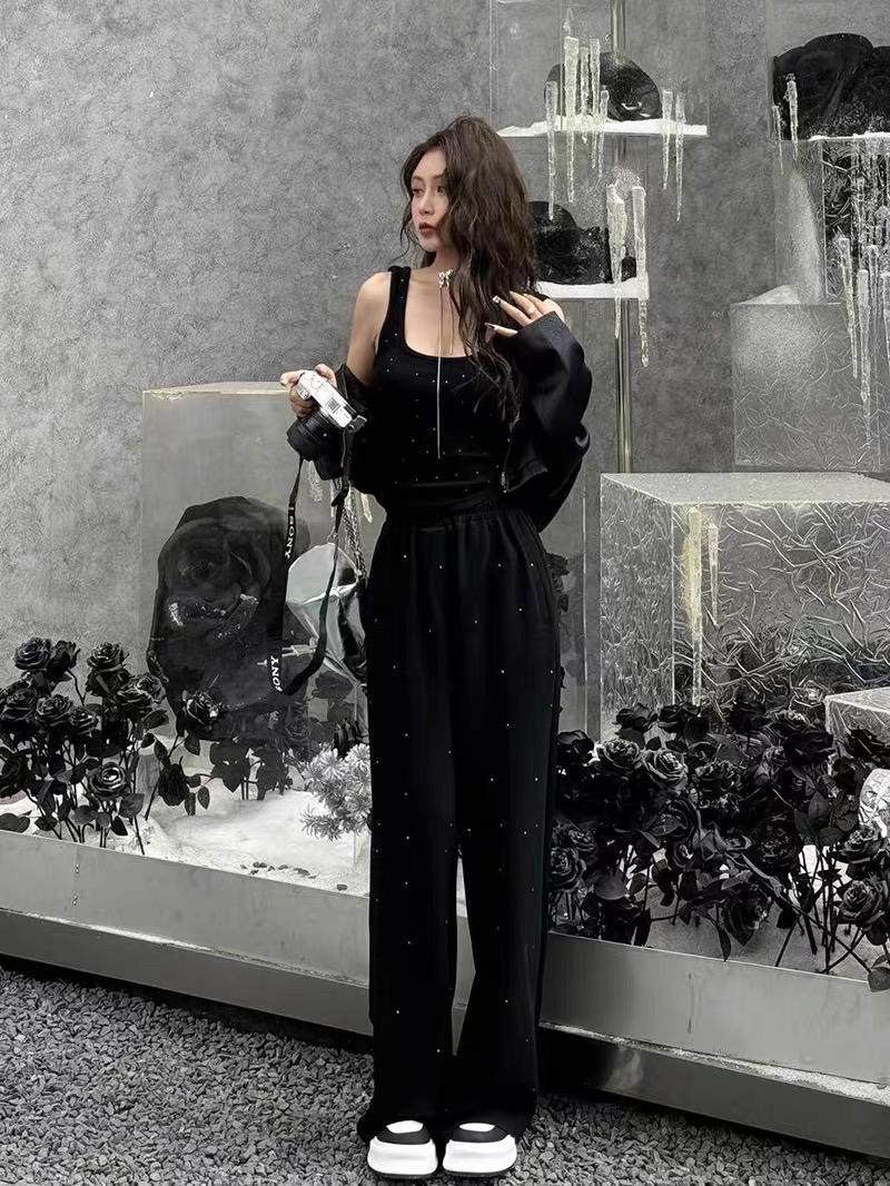 时尚休闲宽松套装女2026夏季圆弧下摆烫钻背心+高腰阔腿裤两件套
