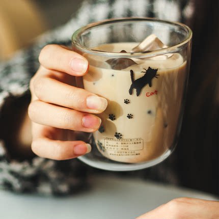日本aderia石冢硝子猫咪耐热双层玻璃杯水杯牛奶杯咖啡杯猫爪杯