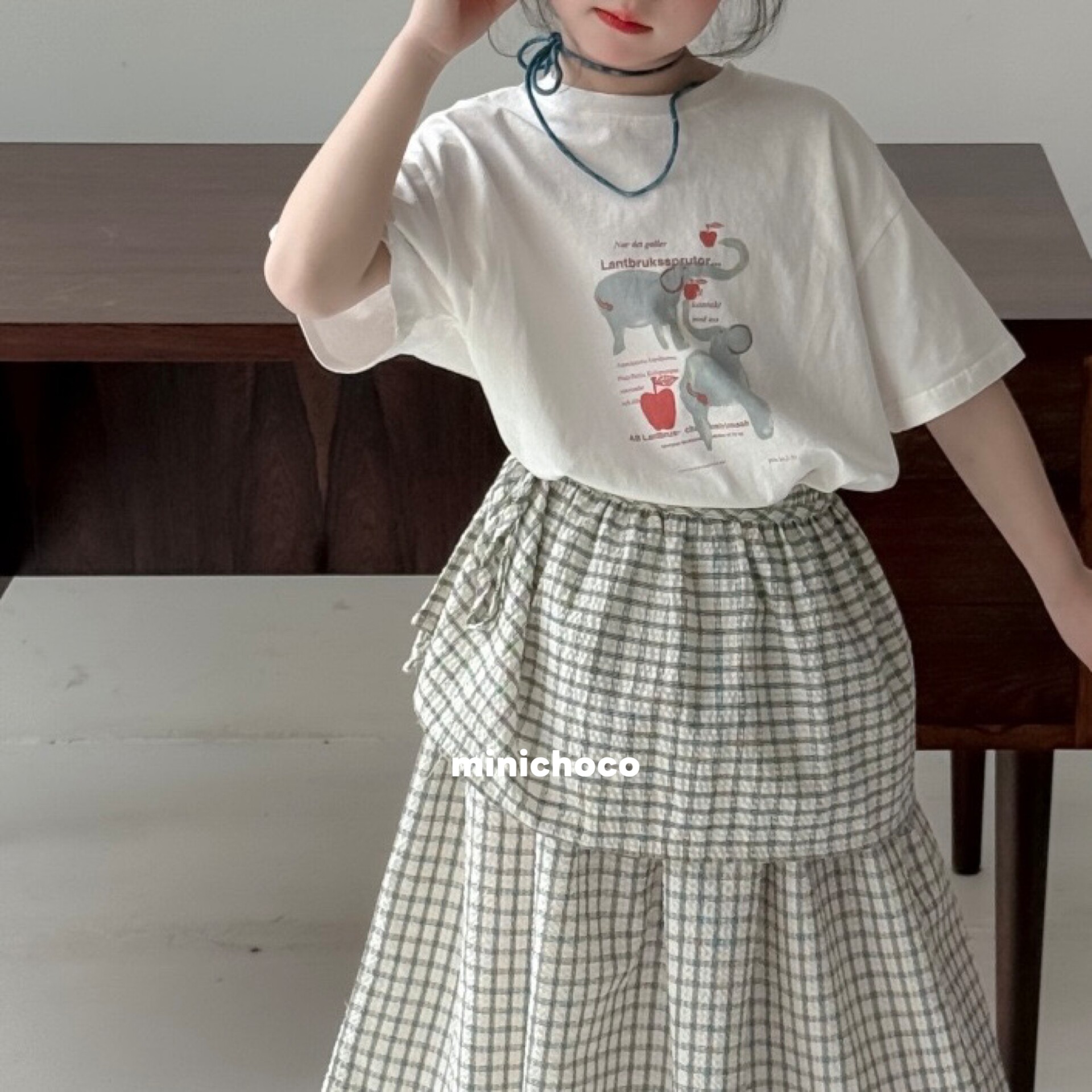 2026夏季新品儿童宽松短袖上衣半身裙带屁帘 大象T格子裙套装
