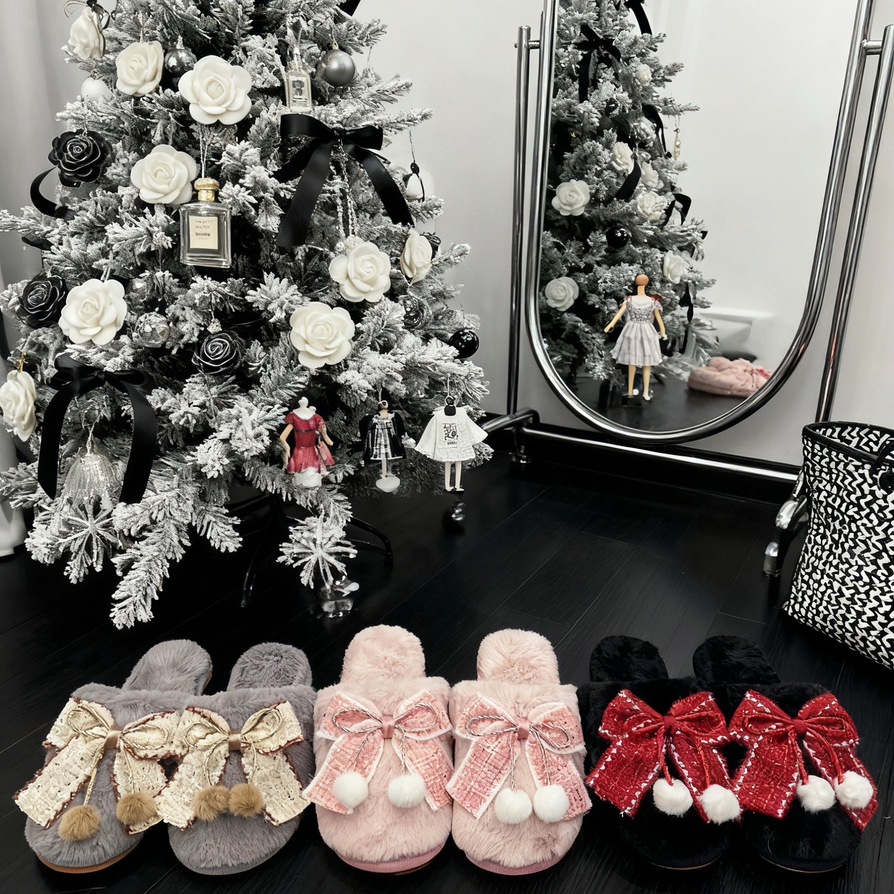 发小姐秋冬轻奢小香风圣诞包头防滑保暖外穿毛毛毛绒半包棉拖鞋女