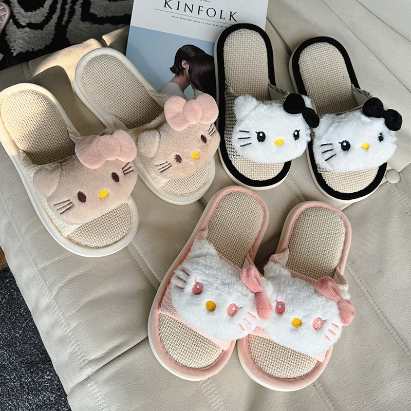 kitty少女心透气防滑亚麻拖鞋女