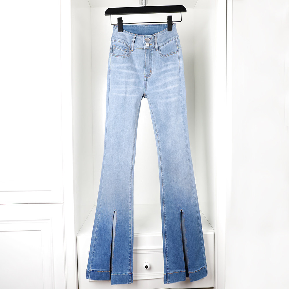 爱睿裳2025夏季清新蓝色渐变开叉双扣收腹微喇裤夏季女牛仔喇叭裤