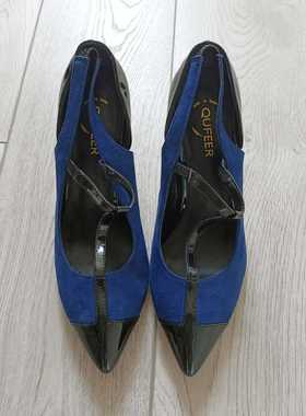 蓝黑色T形尖头通勤百搭气质女绒面高跟鞋39码女鞋